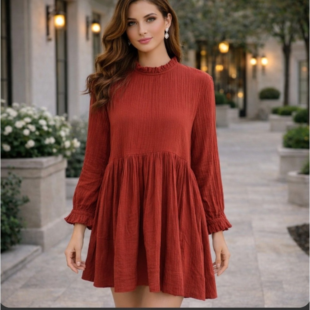 Free People Mini Dress Small Rust Red Gauze Long Sleeve Ruffle Neck Open Back